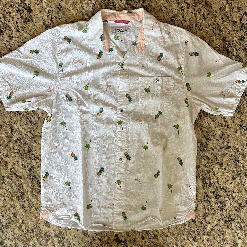 Tommy Bahama Men’s Nova Wave Flamingo, Pineapple, Palm Trees Shirt | Medium